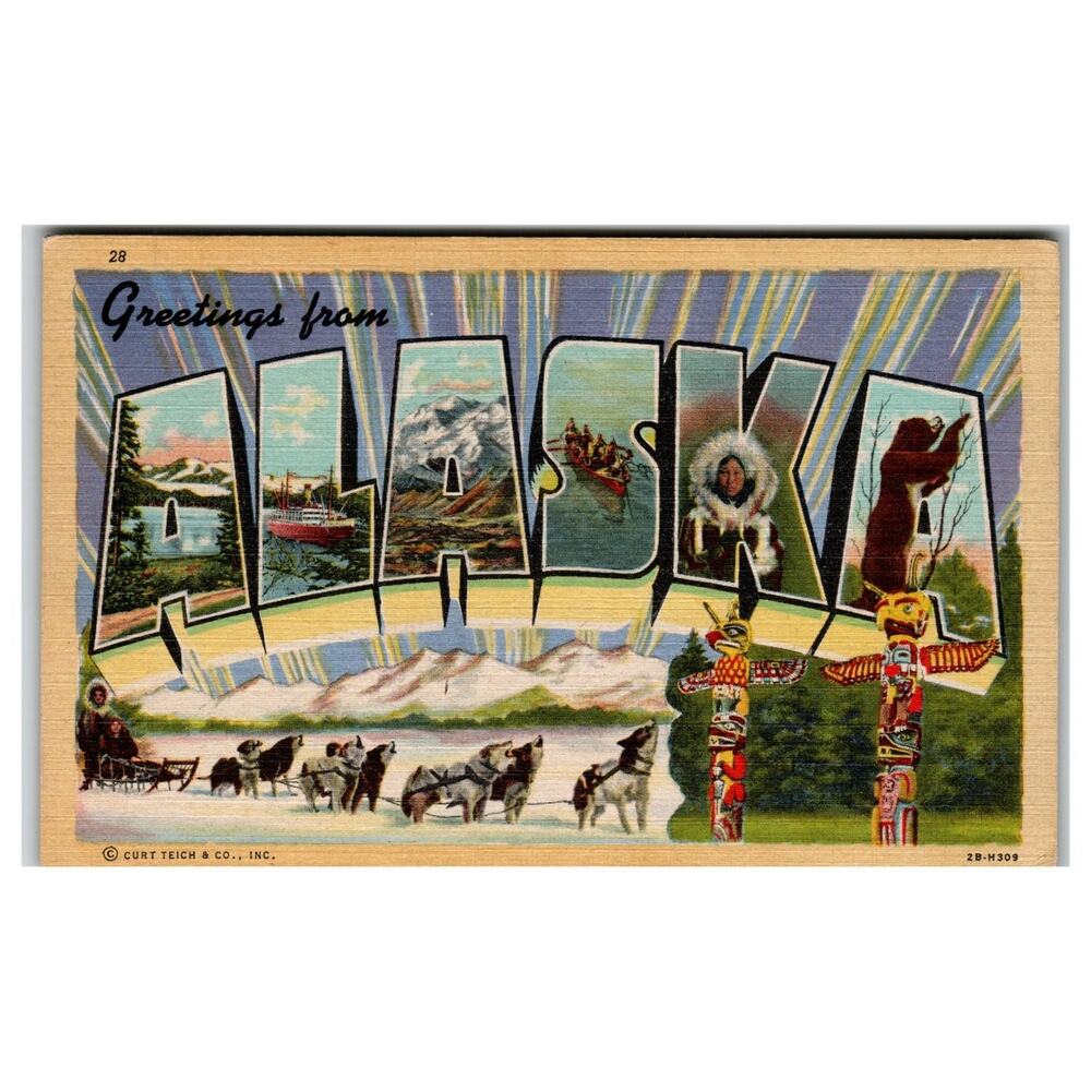 Greetings from ALASKA Linen Postcard Dog Sled Totem Poles Curt Teich 2B-H309